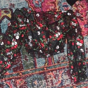 Long sleeve sheer floral crop top